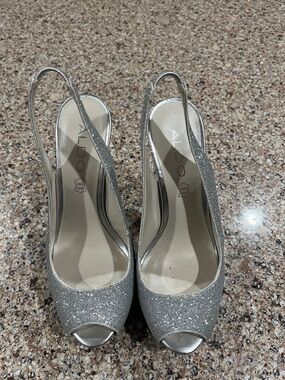 ALDO Silver Glitter Peep-Toe Slingback Heels